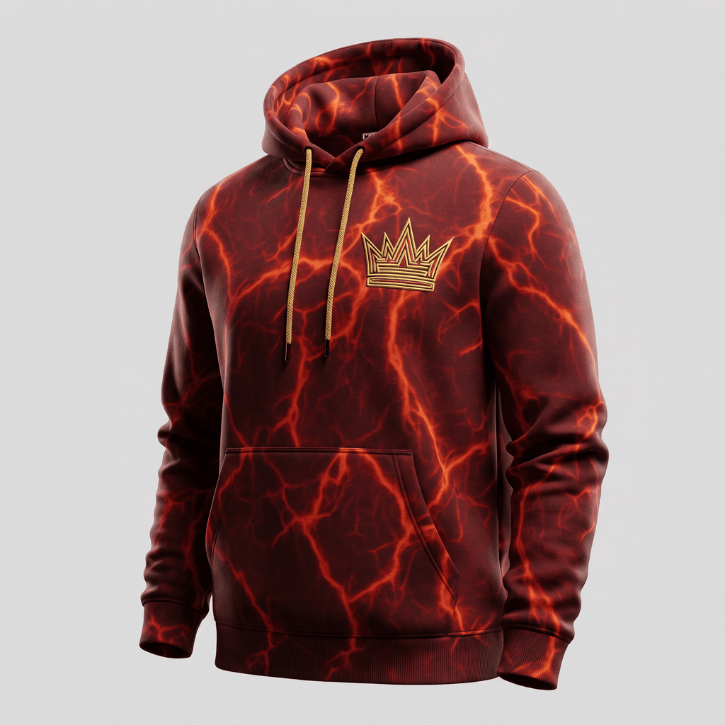 Red hoodie with fiery lightning bolt pattern and gold embroidered crown on chest.