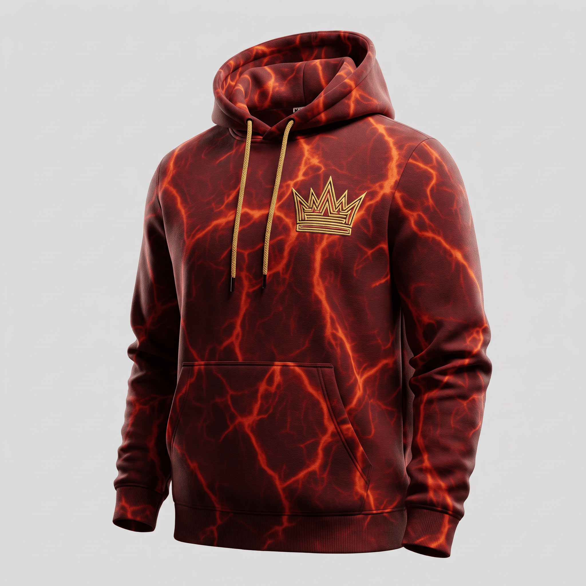 Red hoodie with fiery lightning bolt pattern and gold embroidered crown on chest.