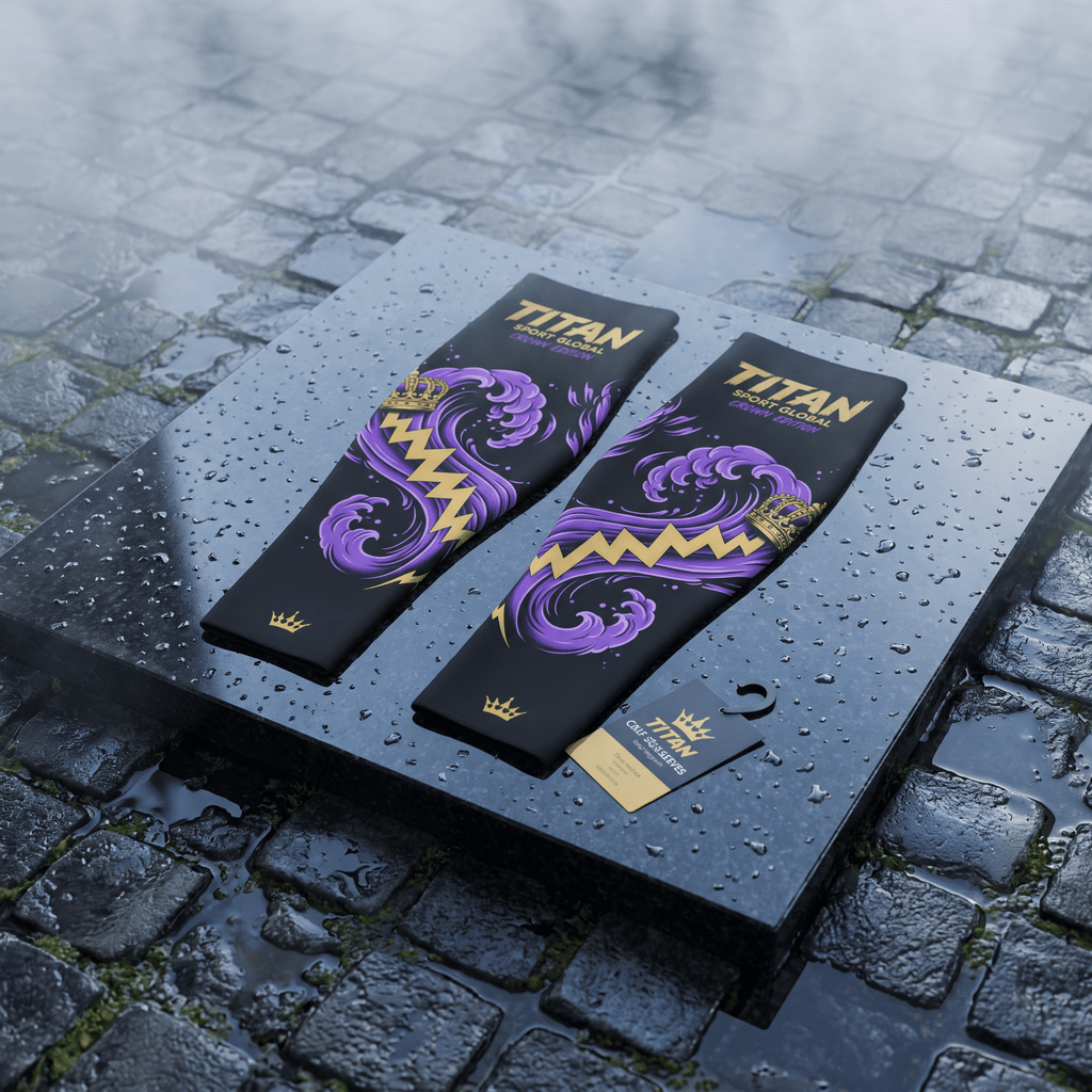 Black Titan Sport calf sleeves with gold crowns and purple wave graphics on a wet stone surface.