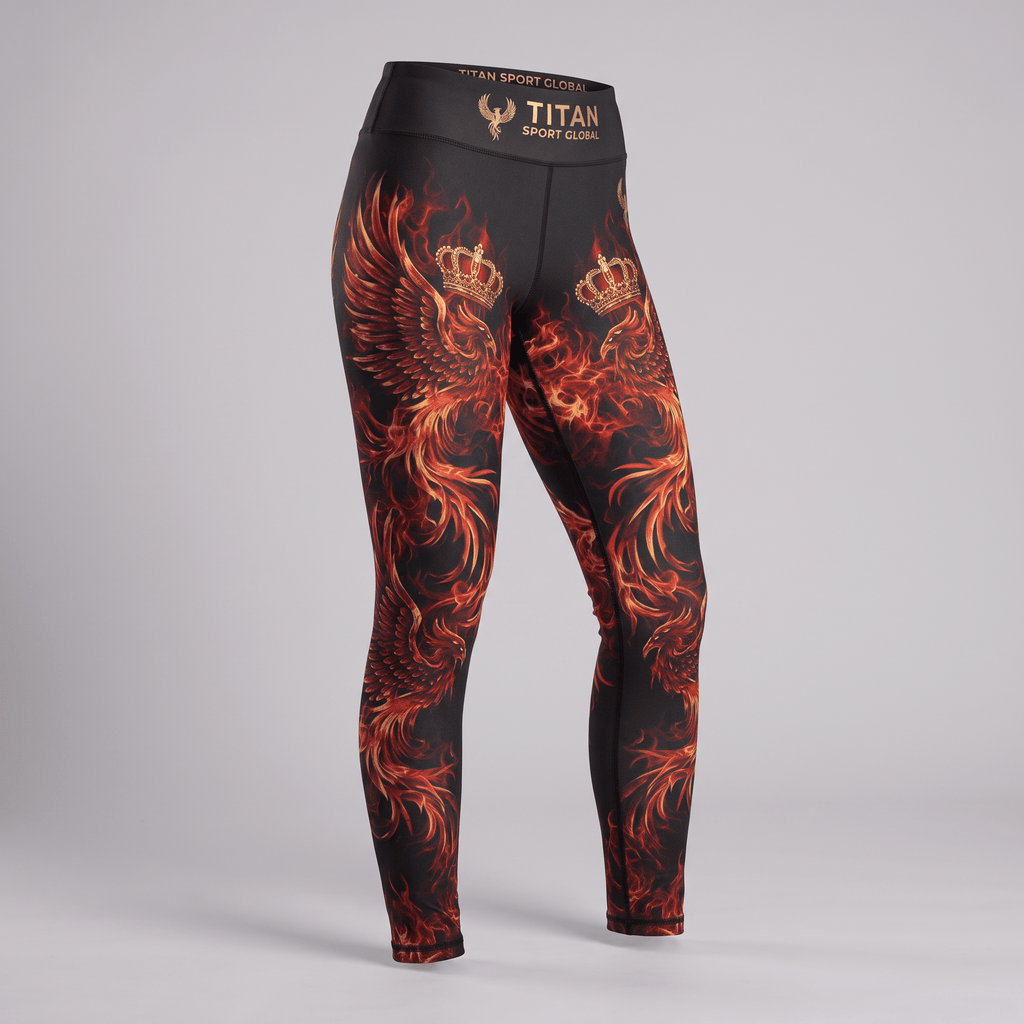 Black athletic leggings with red and orange phoenix and crown graphic print, high waist with gold branding.