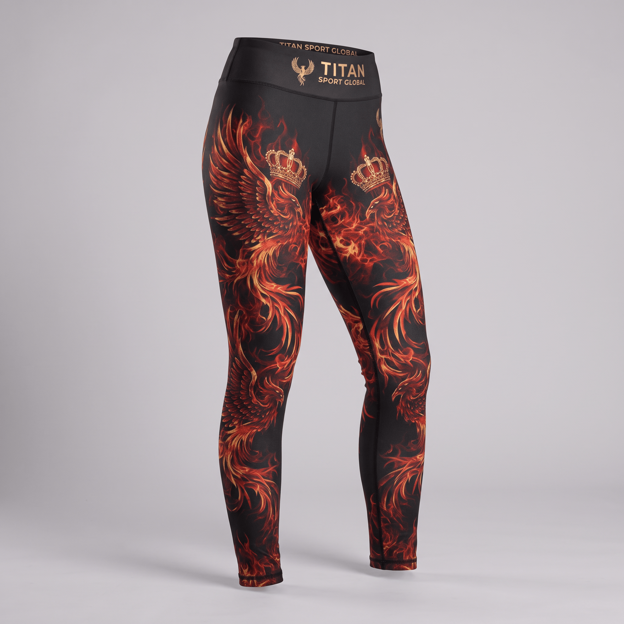 Black athletic leggings with red and orange phoenix and crown graphic print, high waist with gold branding.