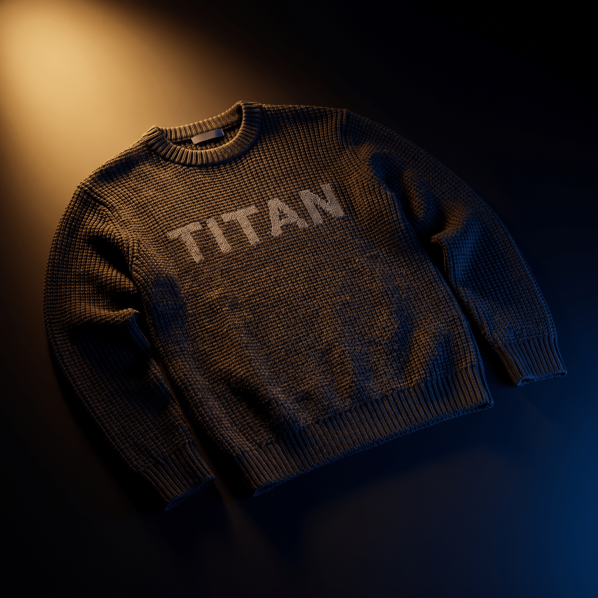Charcoal gray textured knit sweater featuring the word "TITAN" in bold, light-colored lettering.