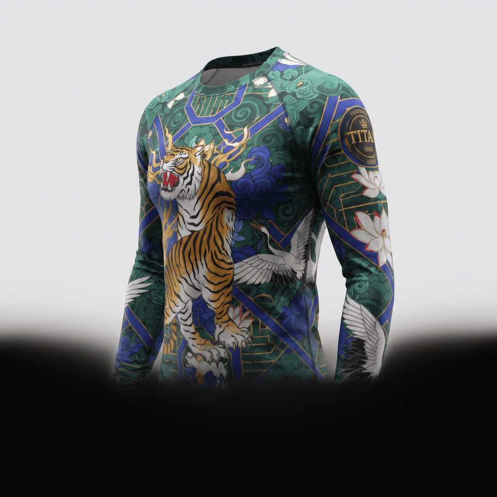Green long-sleeve rash guard featuring a tiger, cranes, and lotus flower print in blue, gold, and white.