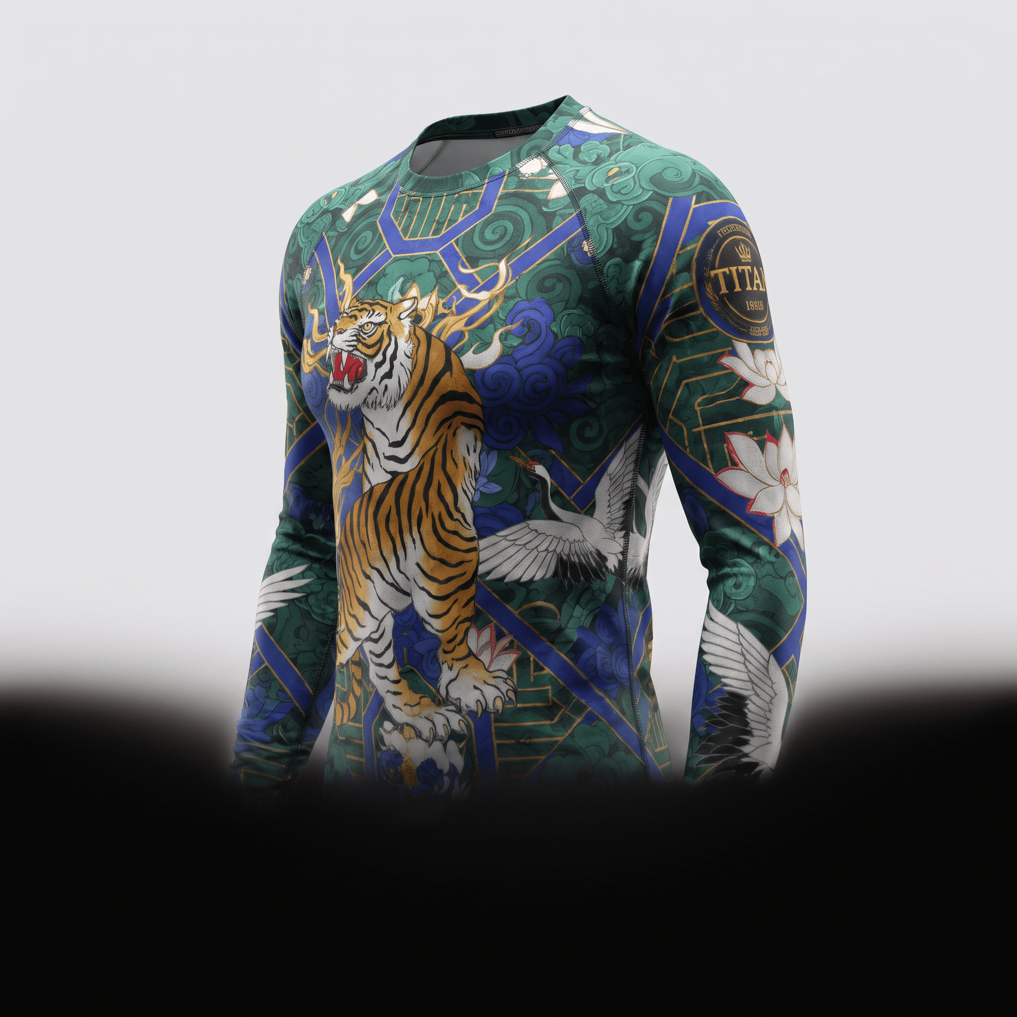 Green long-sleeve rash guard featuring a tiger, cranes, and lotus flower print in blue, gold, and white.