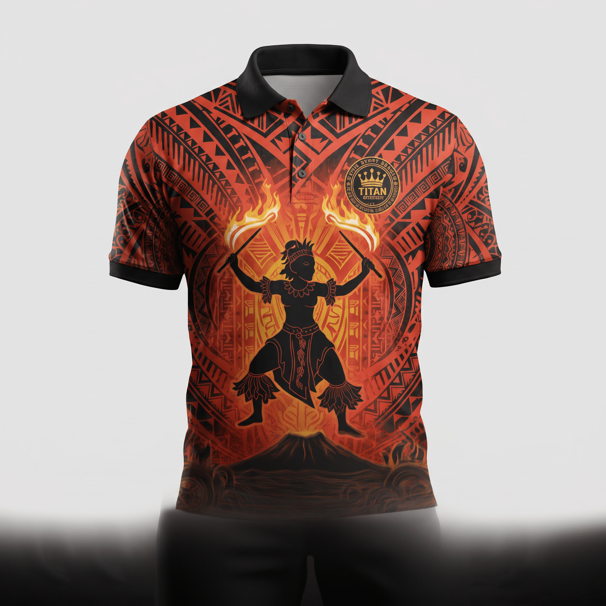 Red and black polo shirt featuring Polynesian tribal patterns, fire knife dancer graphic, and black collar.
