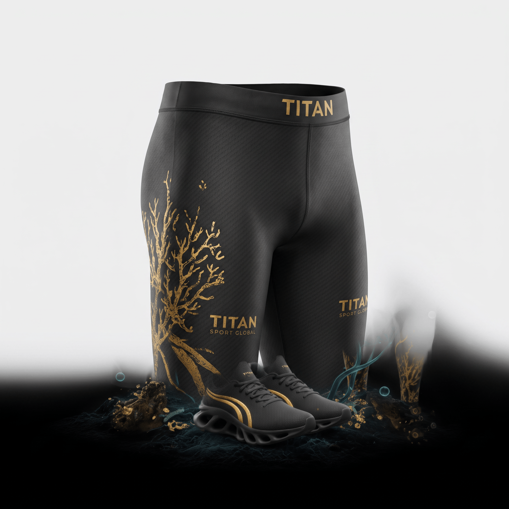 Black compression shorts with gold tree graphics and matching Titan sport shoes displayed on a dark surface.