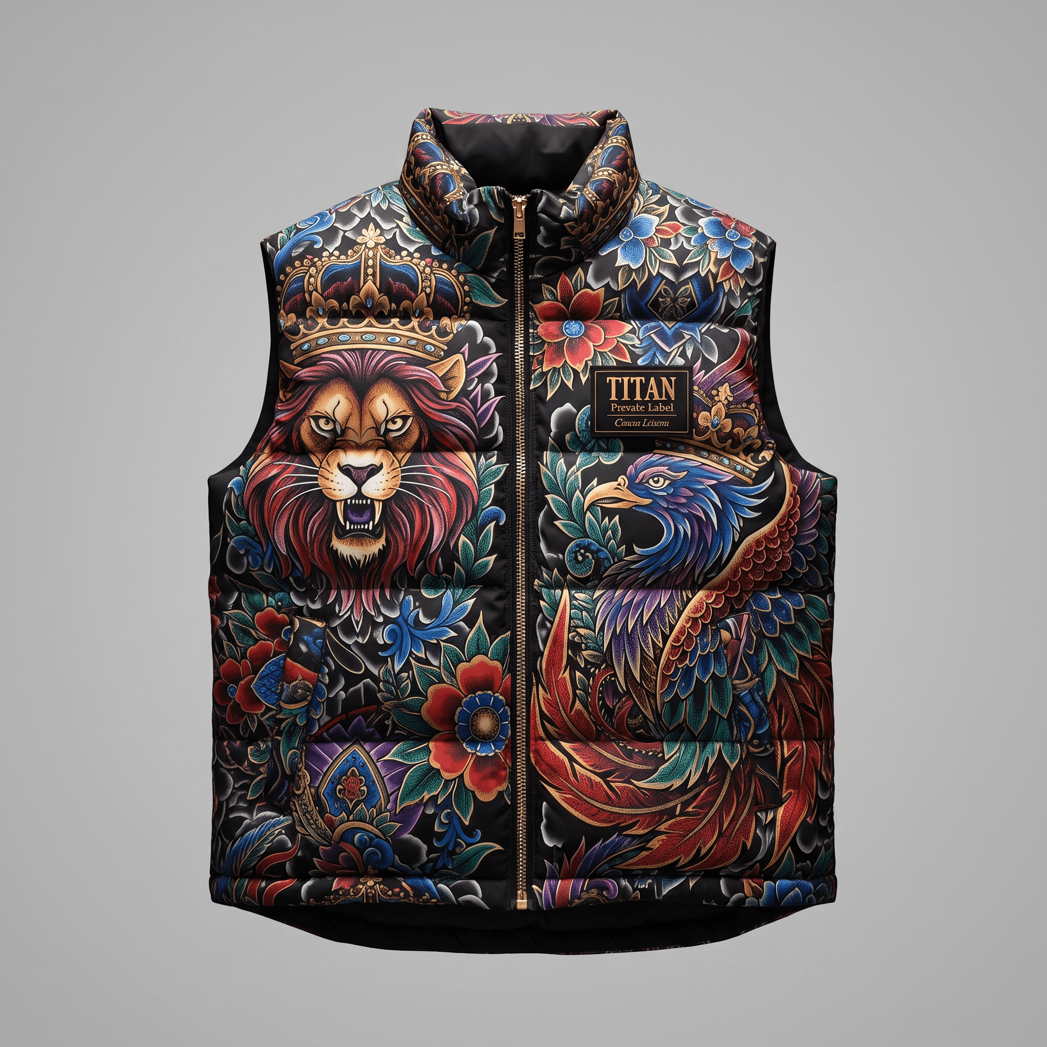 Black puffer vest with colorful tattoo-style lion, eagle, and floral print, featuring a front zipper and Titan logo label.