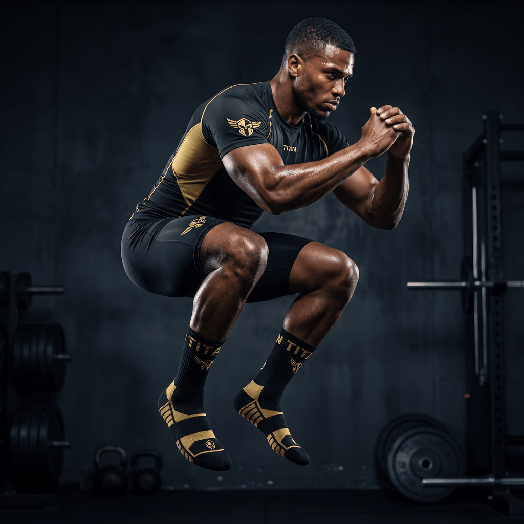 Athlete in black-and-gold apparel mid-air during a jump squat, wearing TITAN Performance Socks.