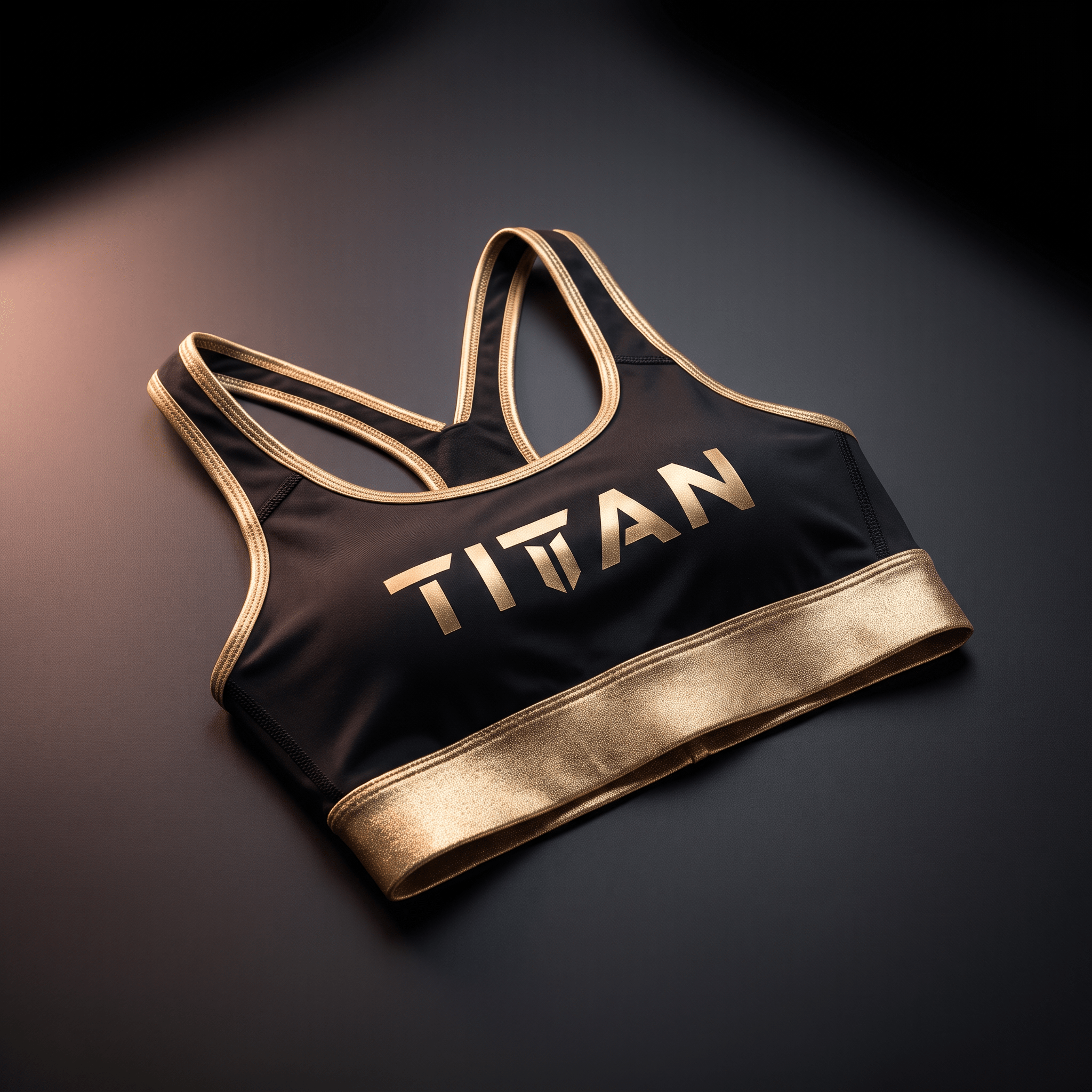 Black sports bra with metallic gold trim and "TITAN" logo in gold, featuring a racerback design on a dark background.