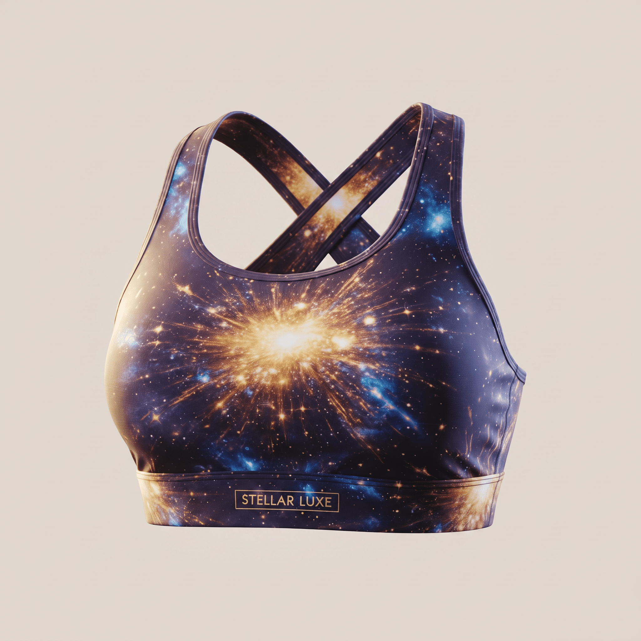 Stellar Luxe blue and gold galaxy print sports bra with a supportive racerback style and elastic band.