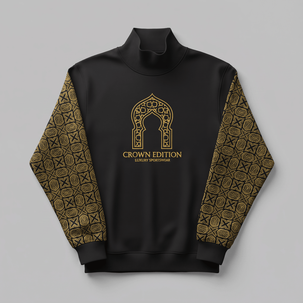 Black mock neck sweatshirt with gold patterned sleeves and Crown Edition chest logo.