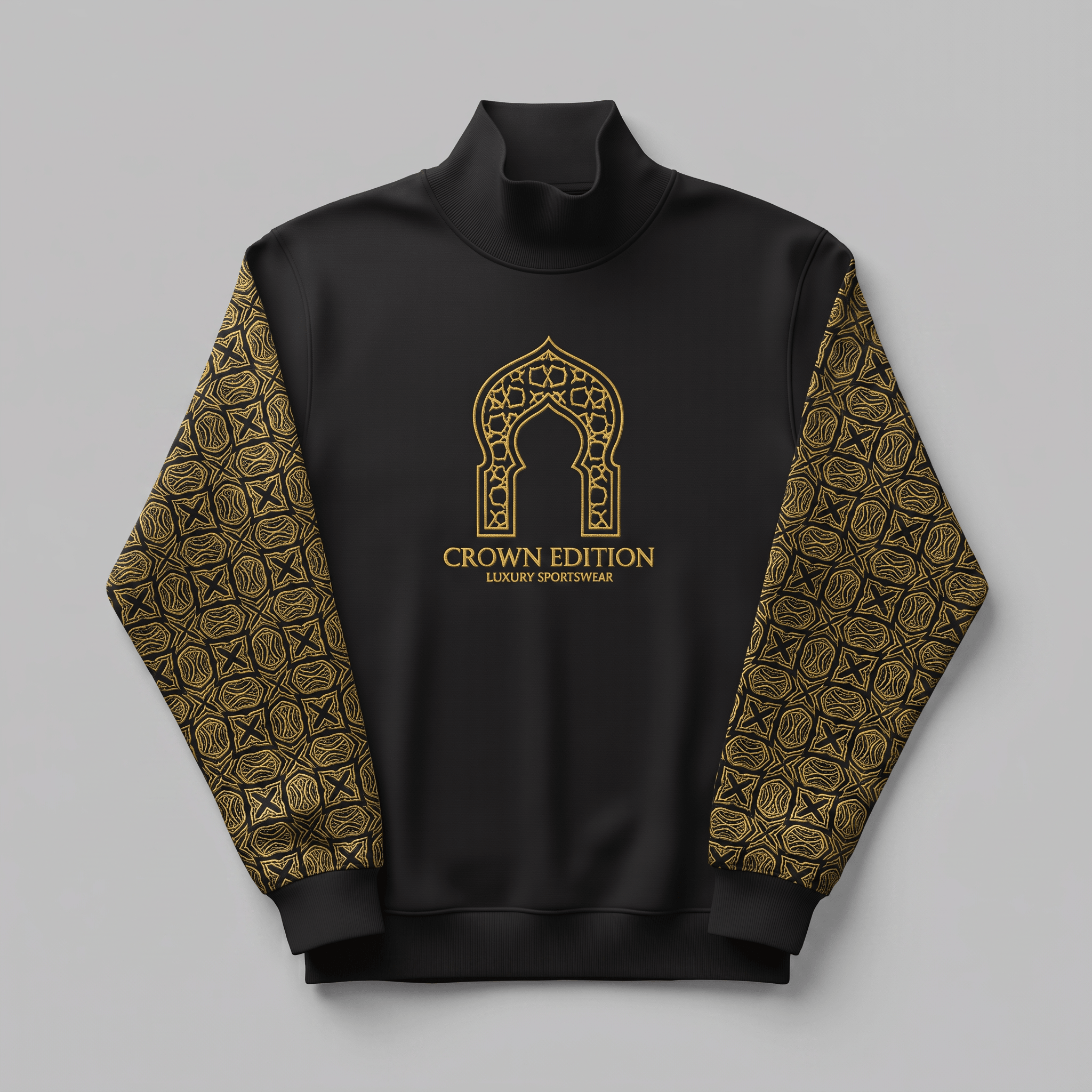 Black mock neck sweatshirt with gold patterned sleeves and Crown Edition chest logo.