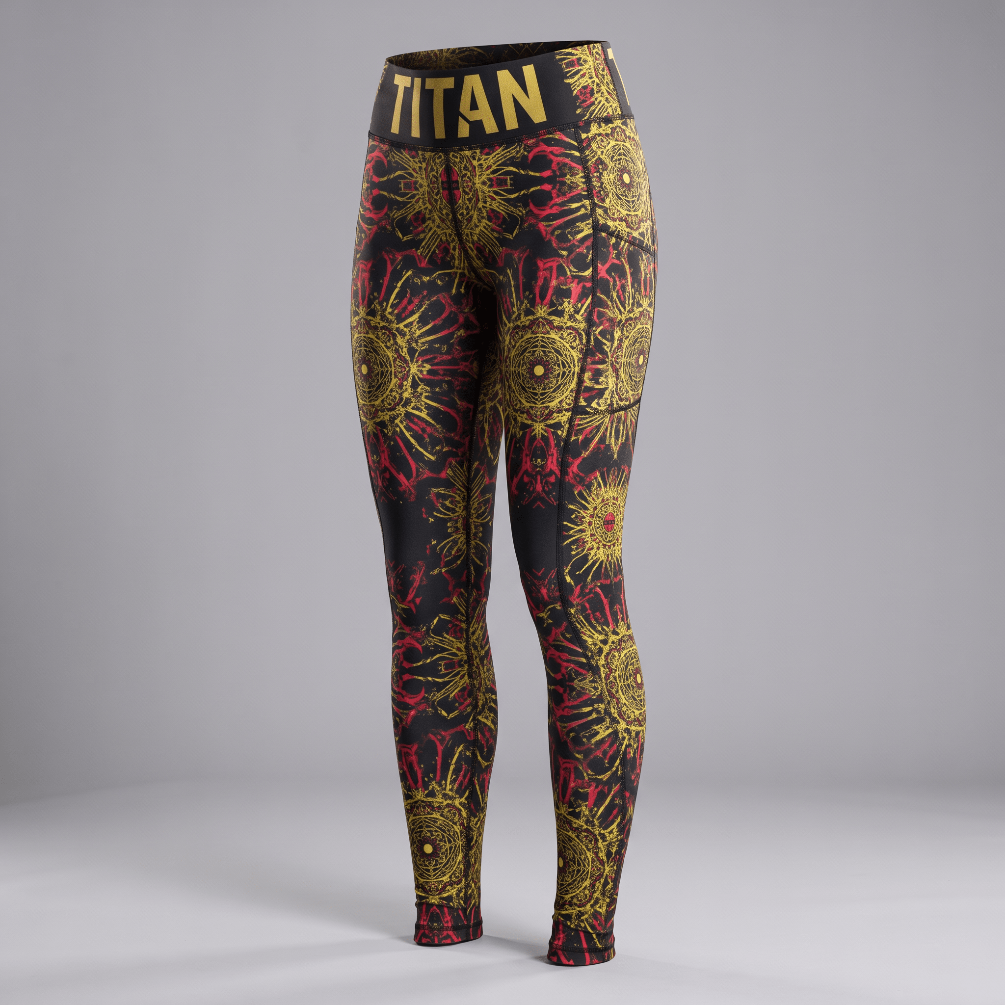 Black high-waisted leggings with red and yellow mandala print and bold Titan waistband text.
