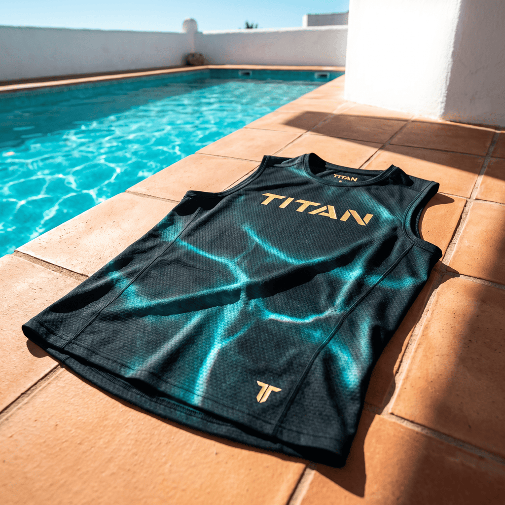 Black athletic tank top with turquoise light-ray pattern and gold "TITAN" branding by a swimming pool.