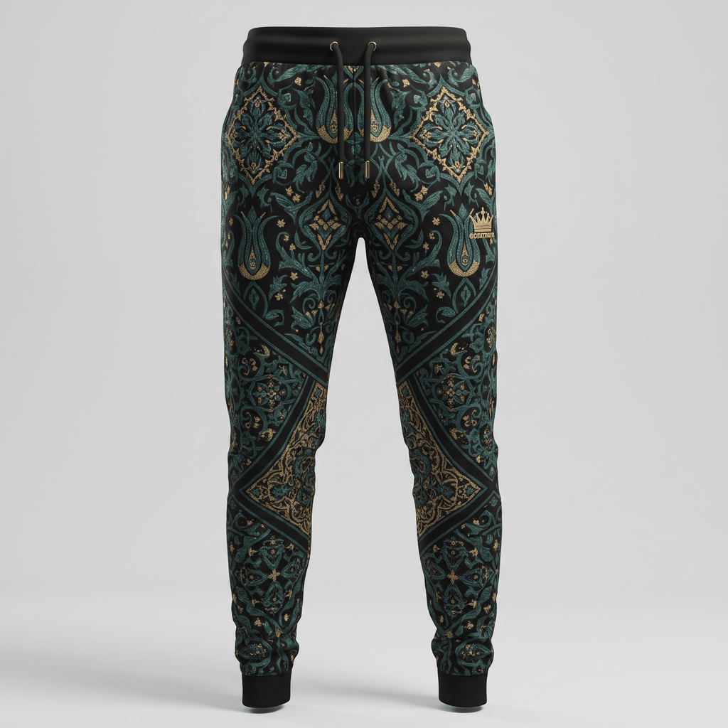 Black sweatpants with teal and gold damask pattern, black waistband, and drawstring on neutral background.