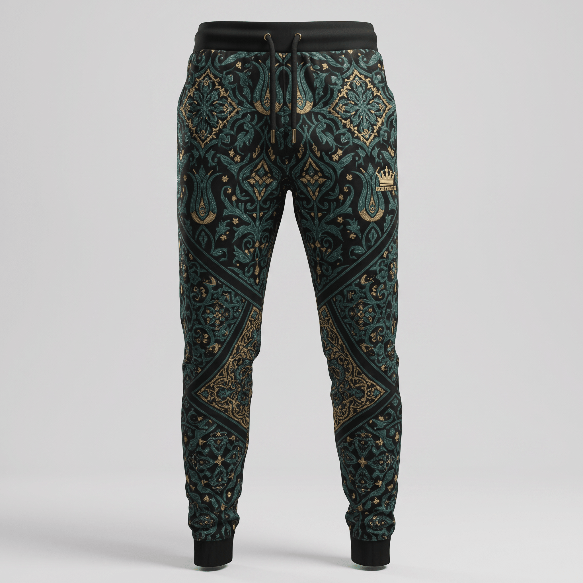 Black sweatpants with teal and gold damask pattern, black waistband, and drawstring on neutral background.