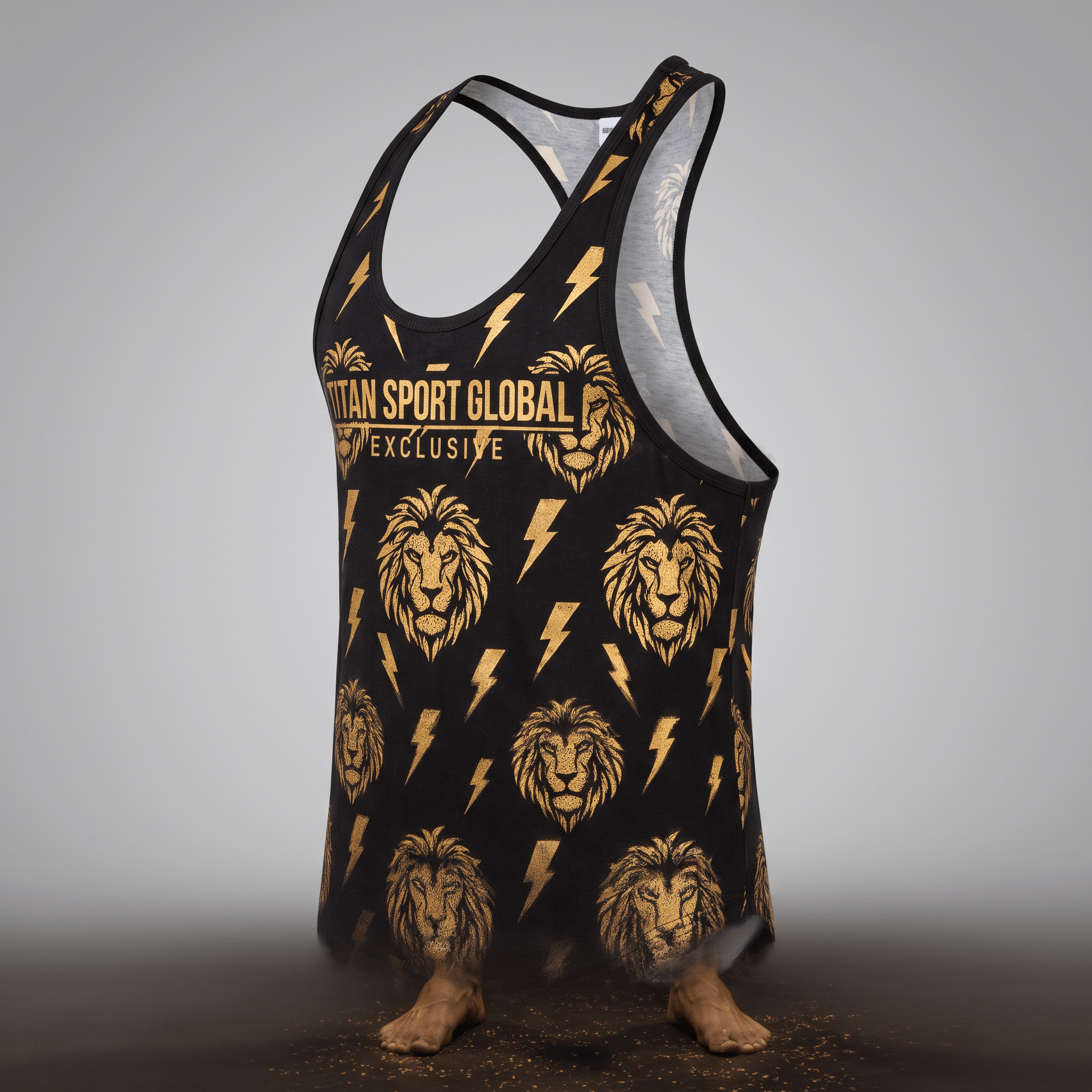Black stringer tank top with gold lion heads and lightning bolt pattern, plus Titan Sport Global branding.