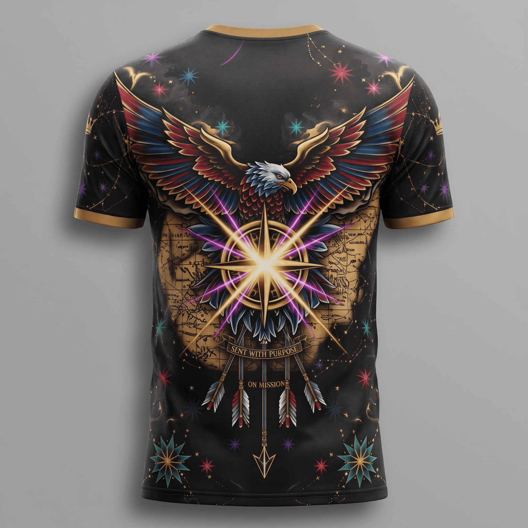 Black t-shirt back view showing eagle, compass, and map print with gold trim on collar and sleeves.