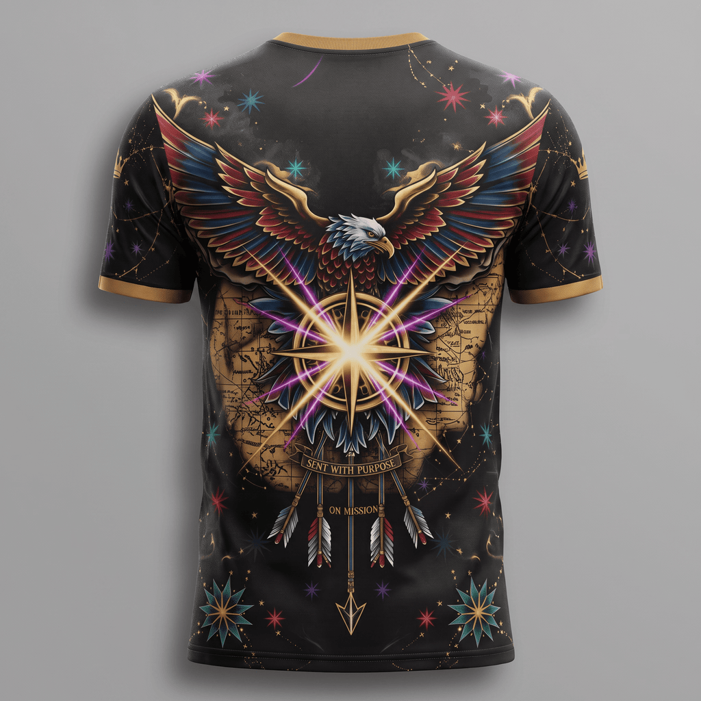 Back of black t-shirt featuring a detailed eagle, glowing compass star, arrows, and map background.