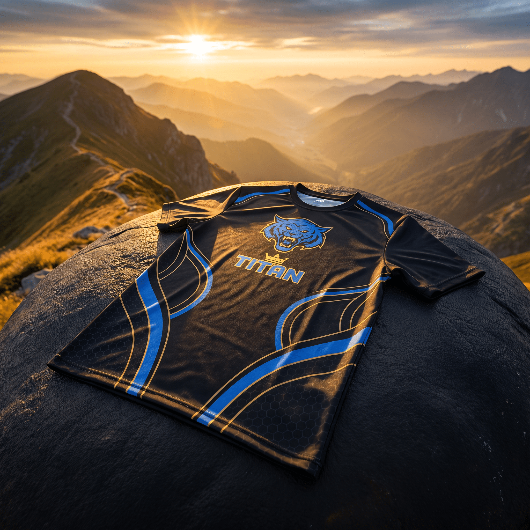 Black athletic jersey with blue swirling accents, a "TITAN" logo, and a tiger graphic on a mountain peak at sunset.