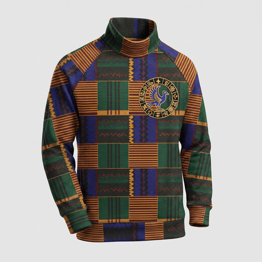 Green, blue, and gold patterned turtleneck sweater with a circular crest featuring a blue bird on the chest.
