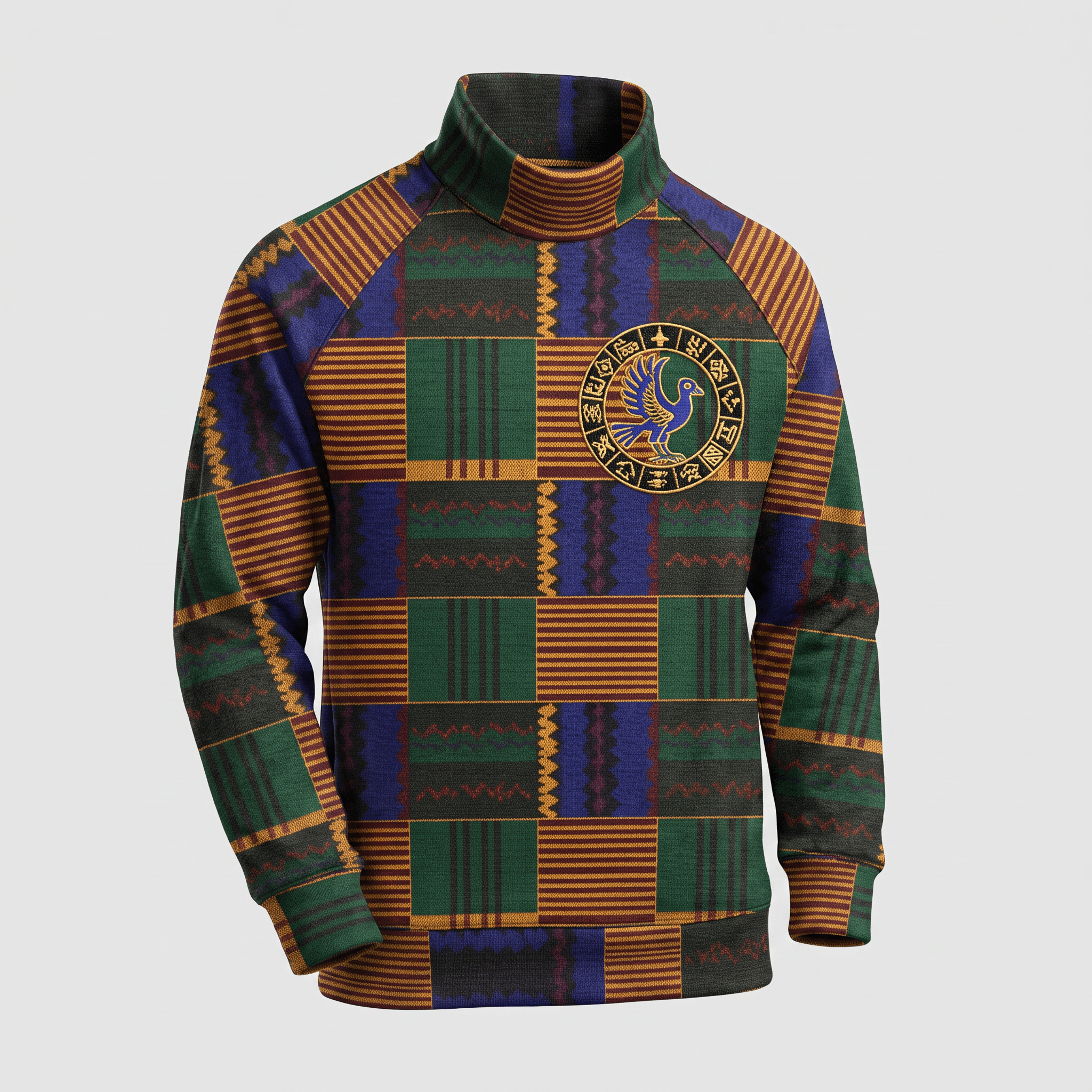 Green, blue, and gold patterned turtleneck sweater with a circular crest featuring a blue bird on the chest.