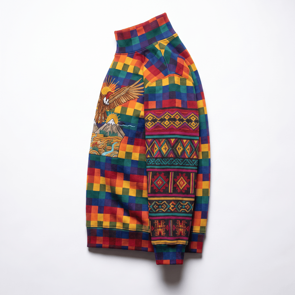 Colorful checkered mock neck sweatshirt with embroidered mountain landscape and patterned sleeves.
