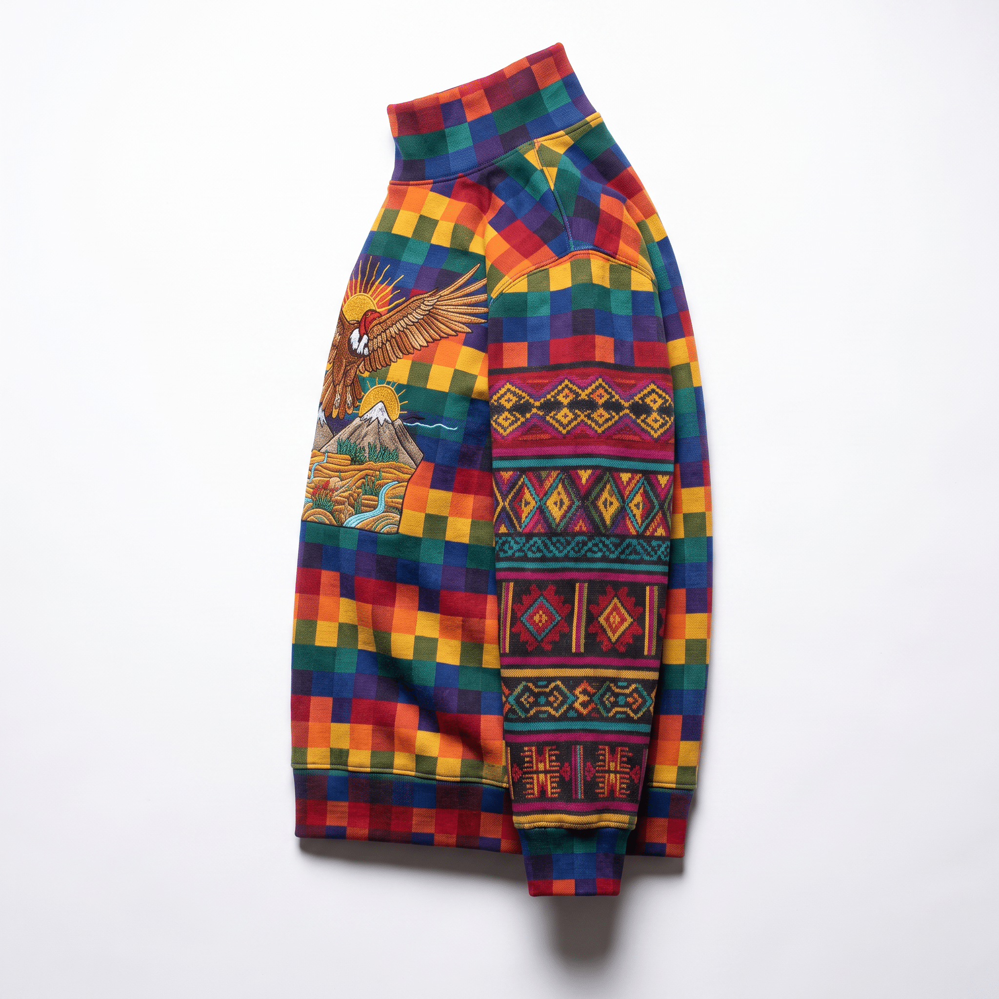 Colorful checkered mock neck sweatshirt with embroidered mountain landscape and patterned sleeves.
