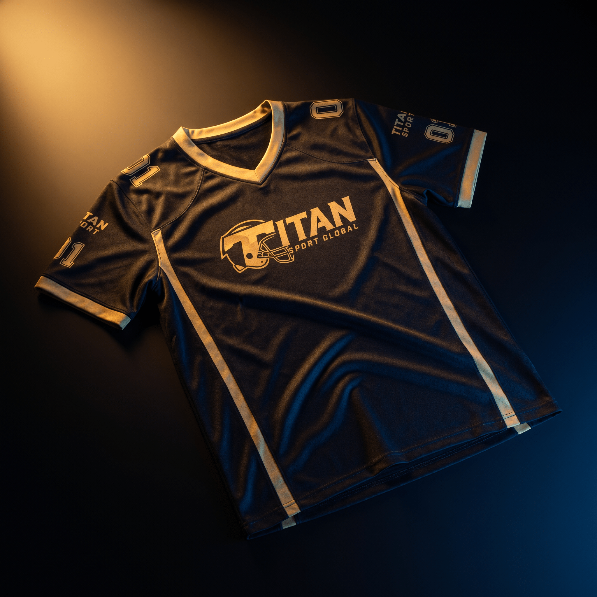 Navy blue athletic jersey with gold trim, featuring "Titan Sport Global" logo and number 01 on sleeves and shoulders.