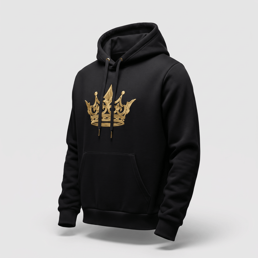 Black hoodie with an ornate gold crown embroidered on the front chest and matching drawstrings.
