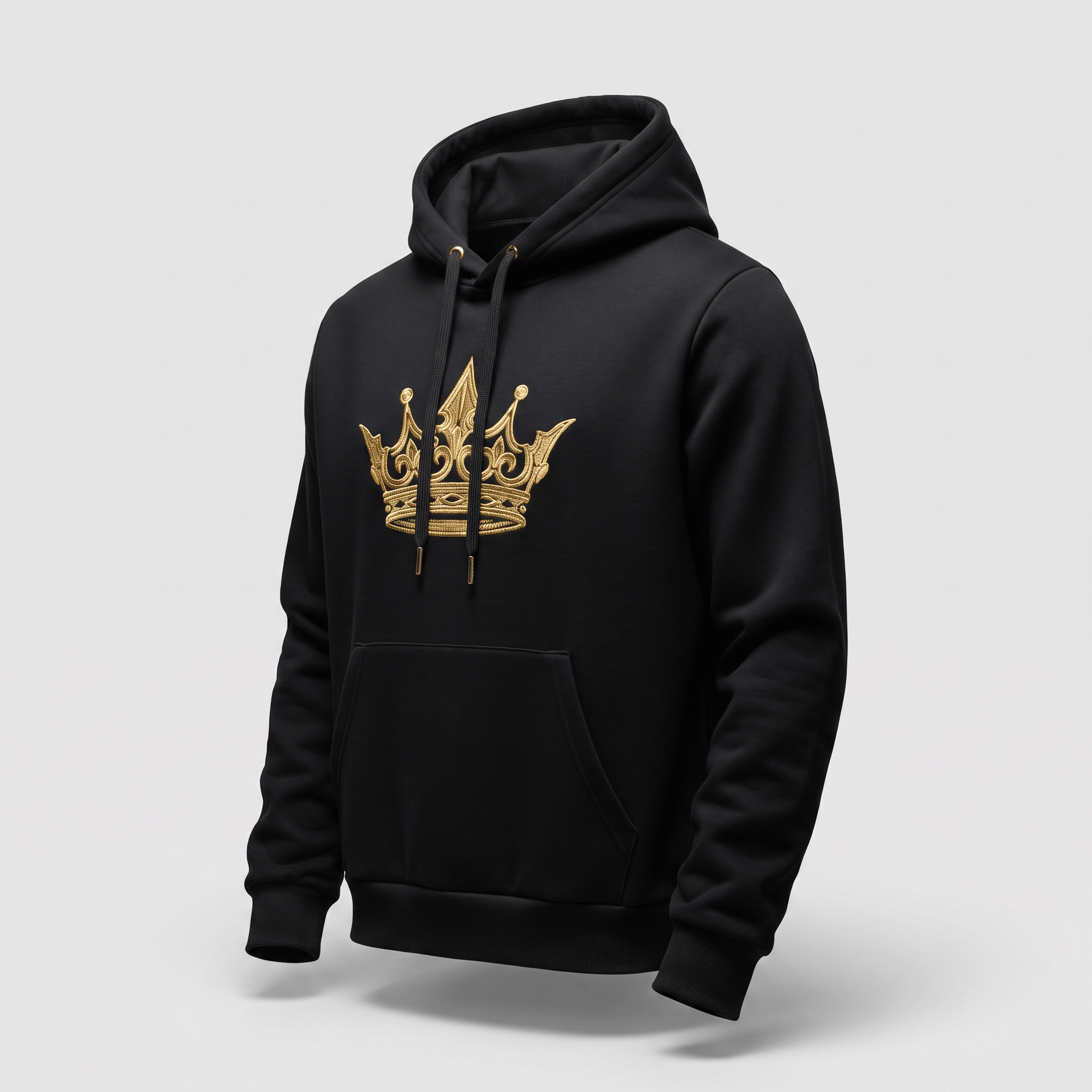 Black hoodie with an ornate gold crown embroidered on the front chest and matching drawstrings.