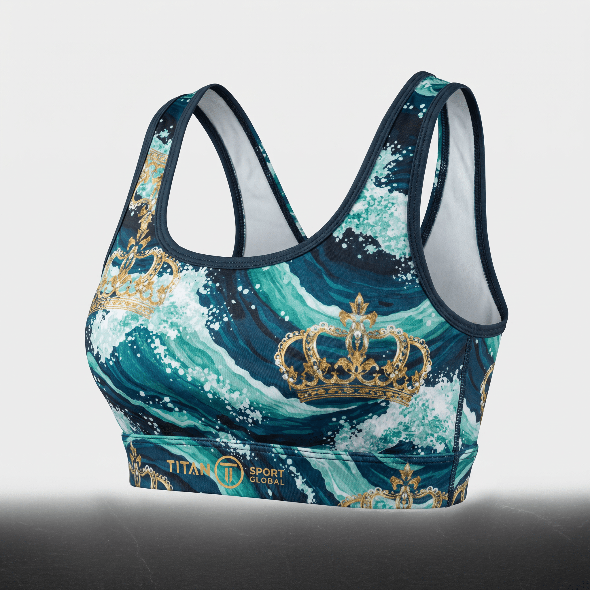 Teal and navy sports bra featuring an ocean wave and gold crown pattern with Titan Sport Global branding.