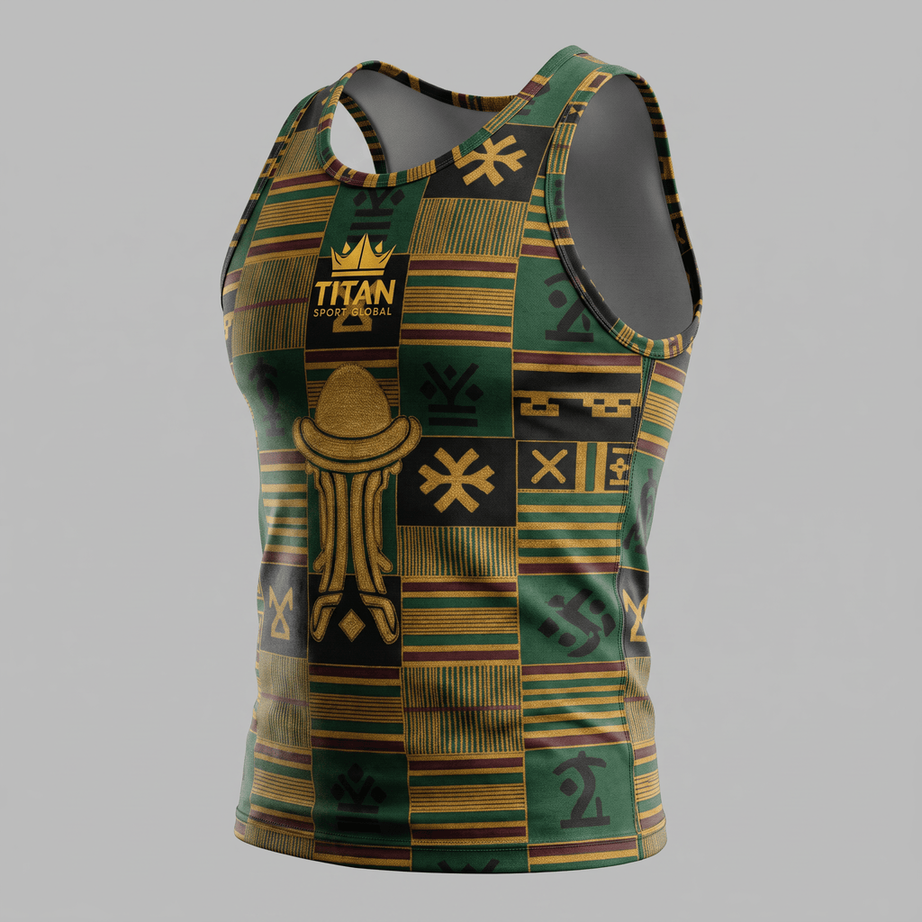 Titan Sport Global green and gold kente print tank top with traditional African symbols.