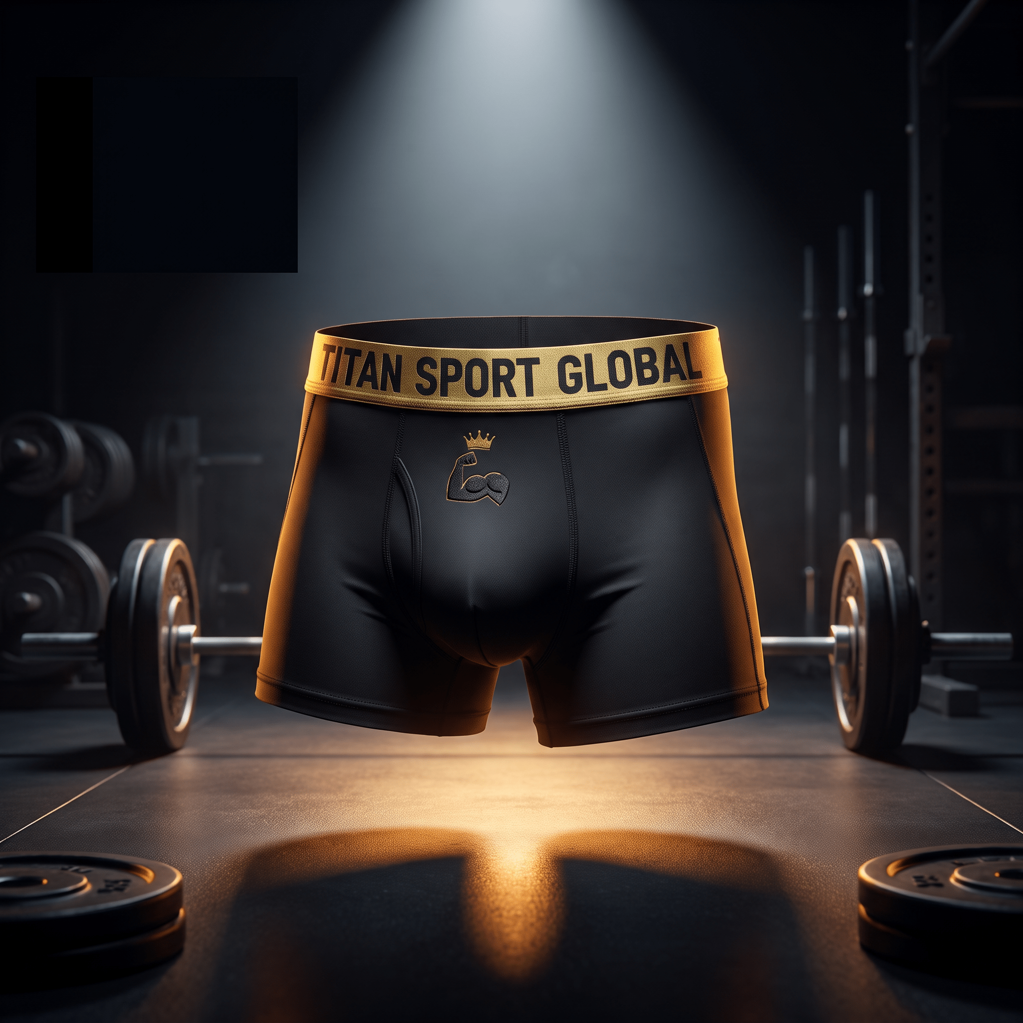 Black athletic boxer briefs with a gold waistband reading "TITAN SPORT GLOBAL" and a gold bicep and crown logo.