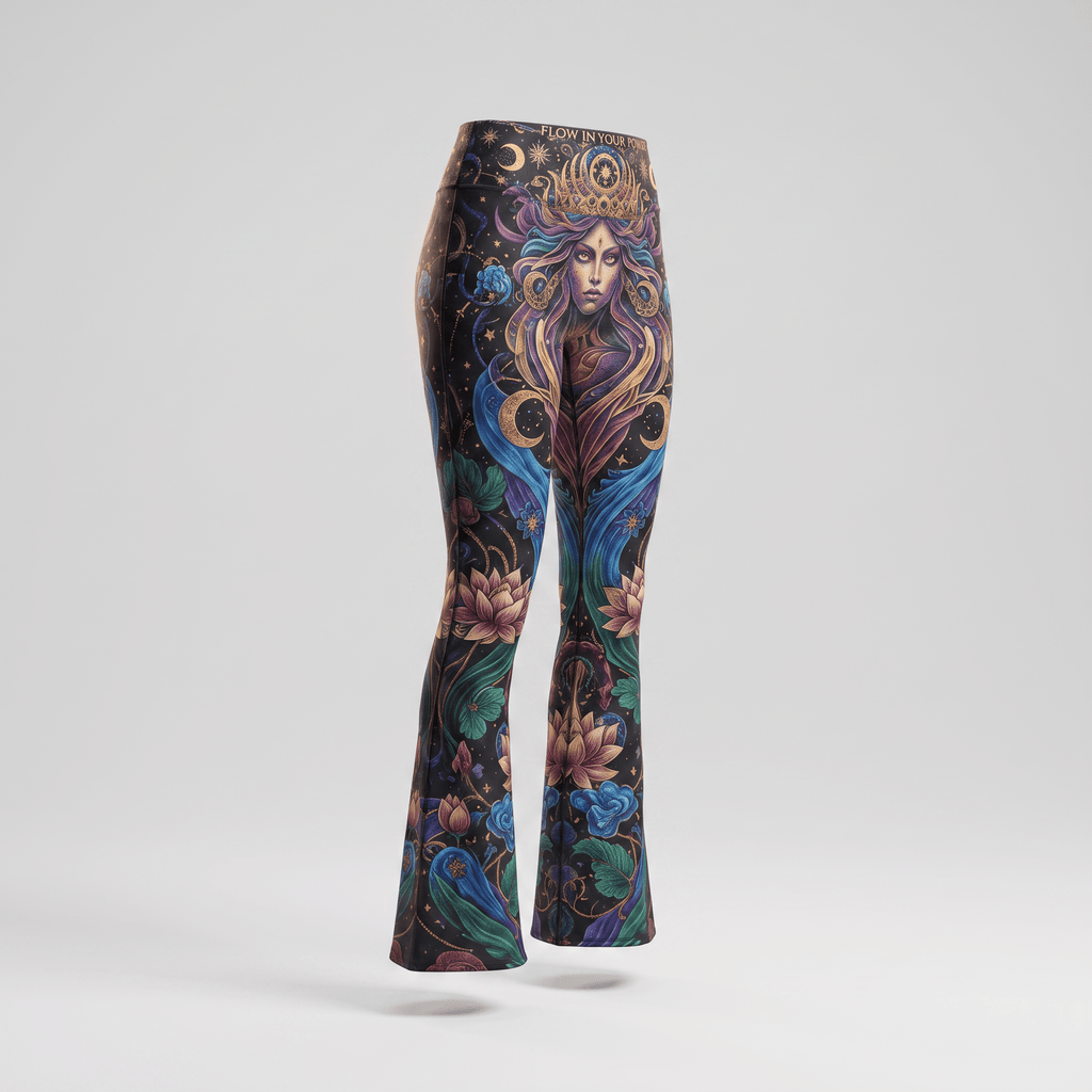 High-waisted black flare pants featuring a mystical goddess, lotus flowers, and celestial art print.