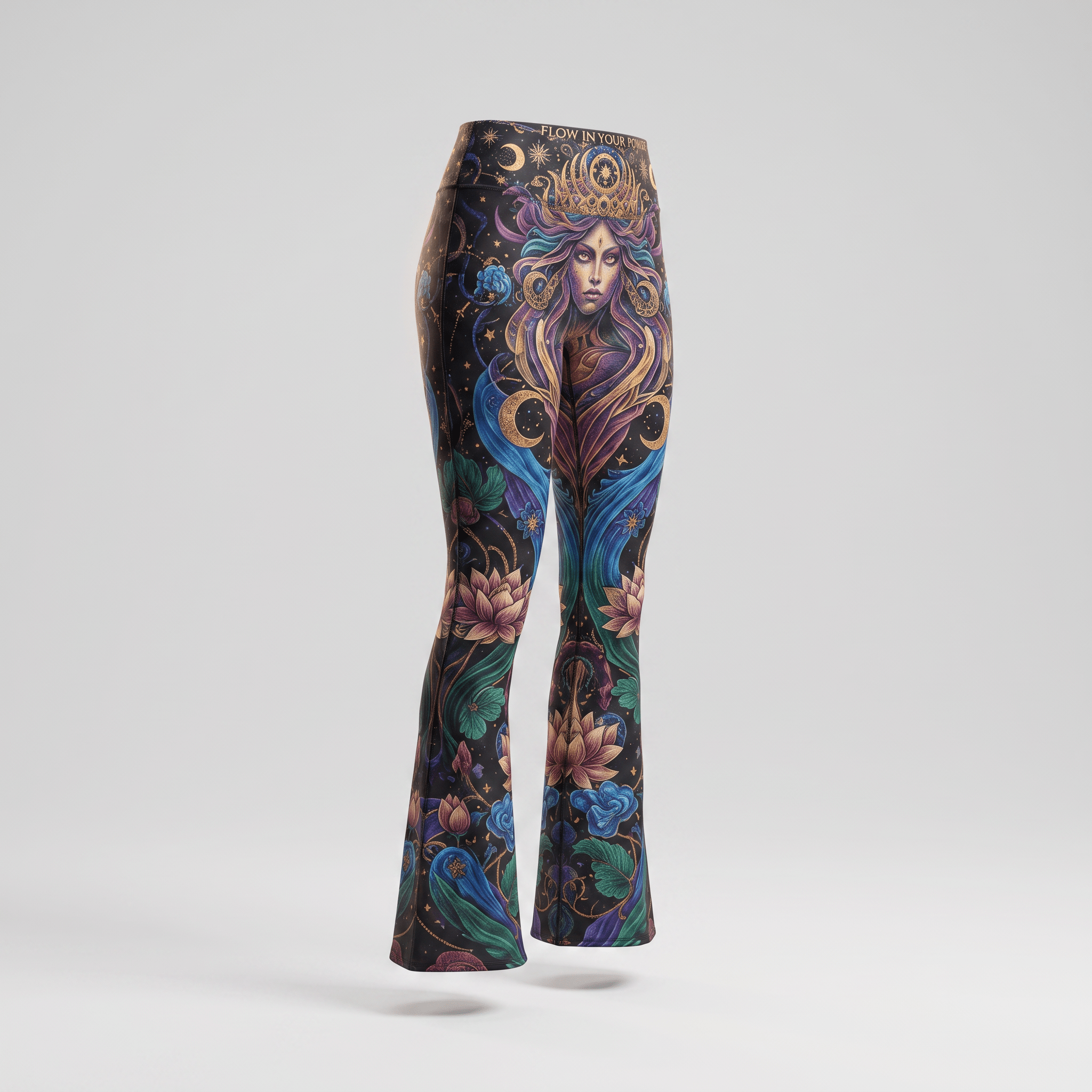 High-waisted black flare pants featuring a mystical goddess, lotus flowers, and celestial art print.