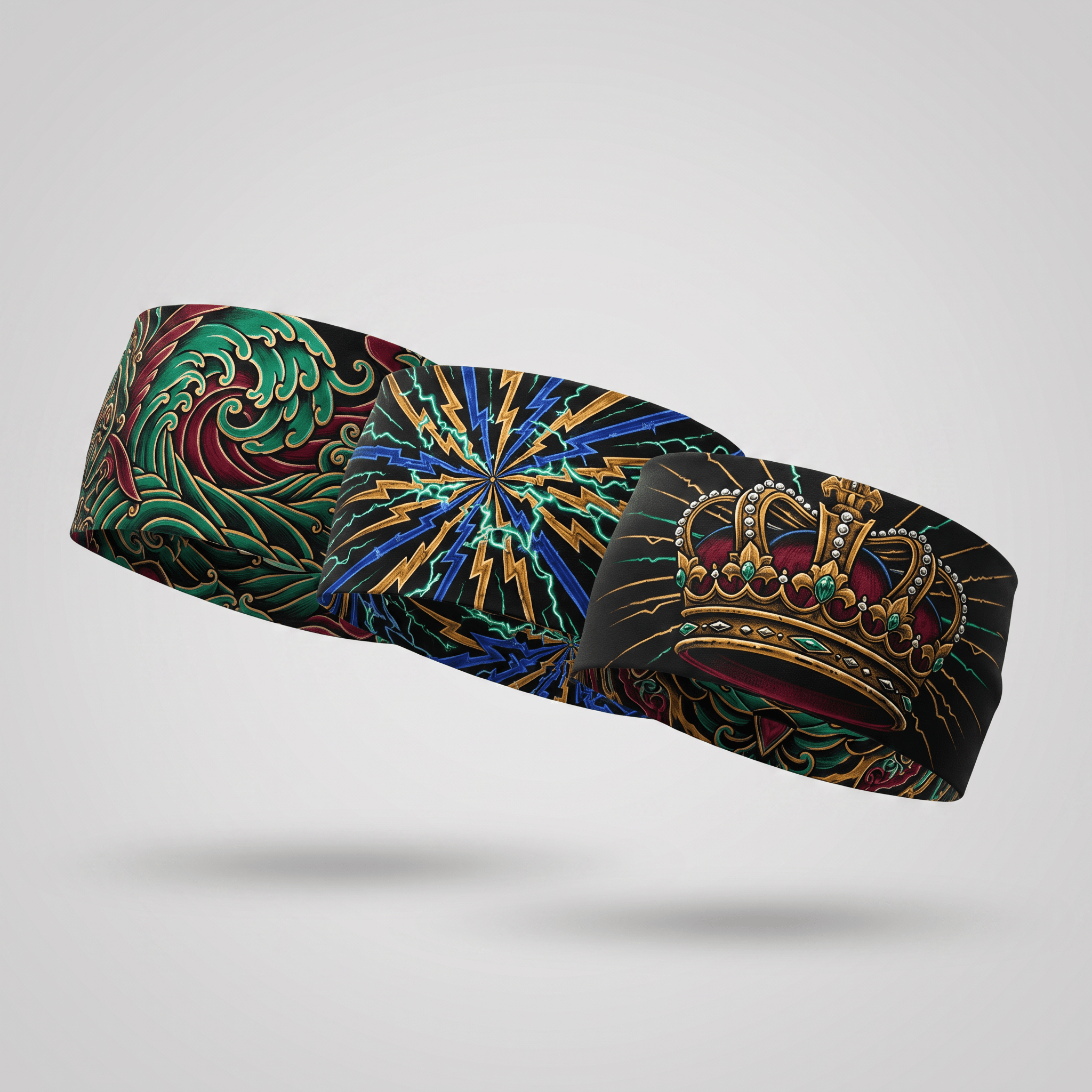 Three patterned athletic headbands featuring Japanese waves, blue lightning bolts, and a royal gold crown.