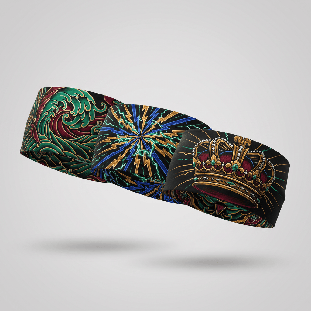 Three athletic headbands featuring green waves, blue lightning, and a gold crown graphic on black fabric.