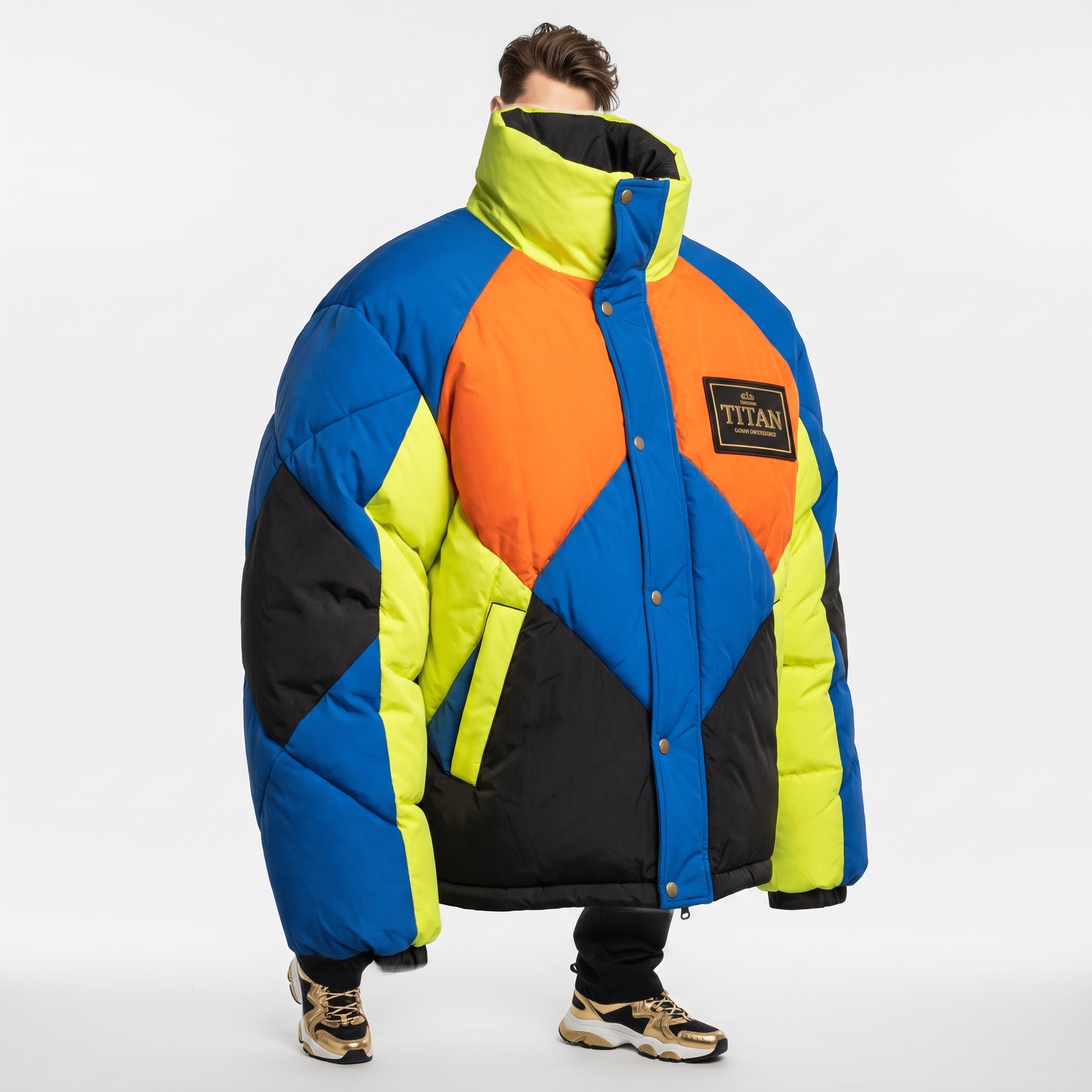 Oversized blue, orange, yellow, and black colorblock puffer jacket with high collar and TITAN chest patch.