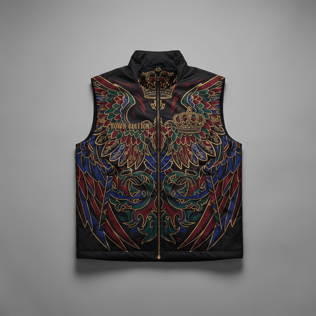 Black zip-up puffer vest with colorful baroque wing and crown graphic print.