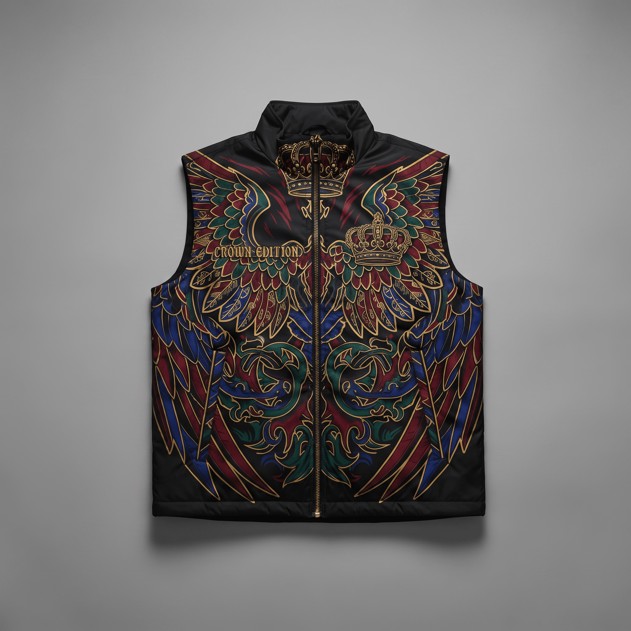 Black zip-up puffer vest with colorful baroque wing and crown graphic print.
