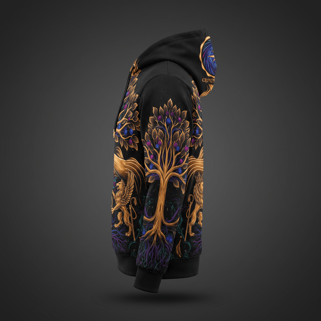 Side view of a black hoodie featuring a gold tree of life, mythical creatures, and vibrant gemstone accents.
