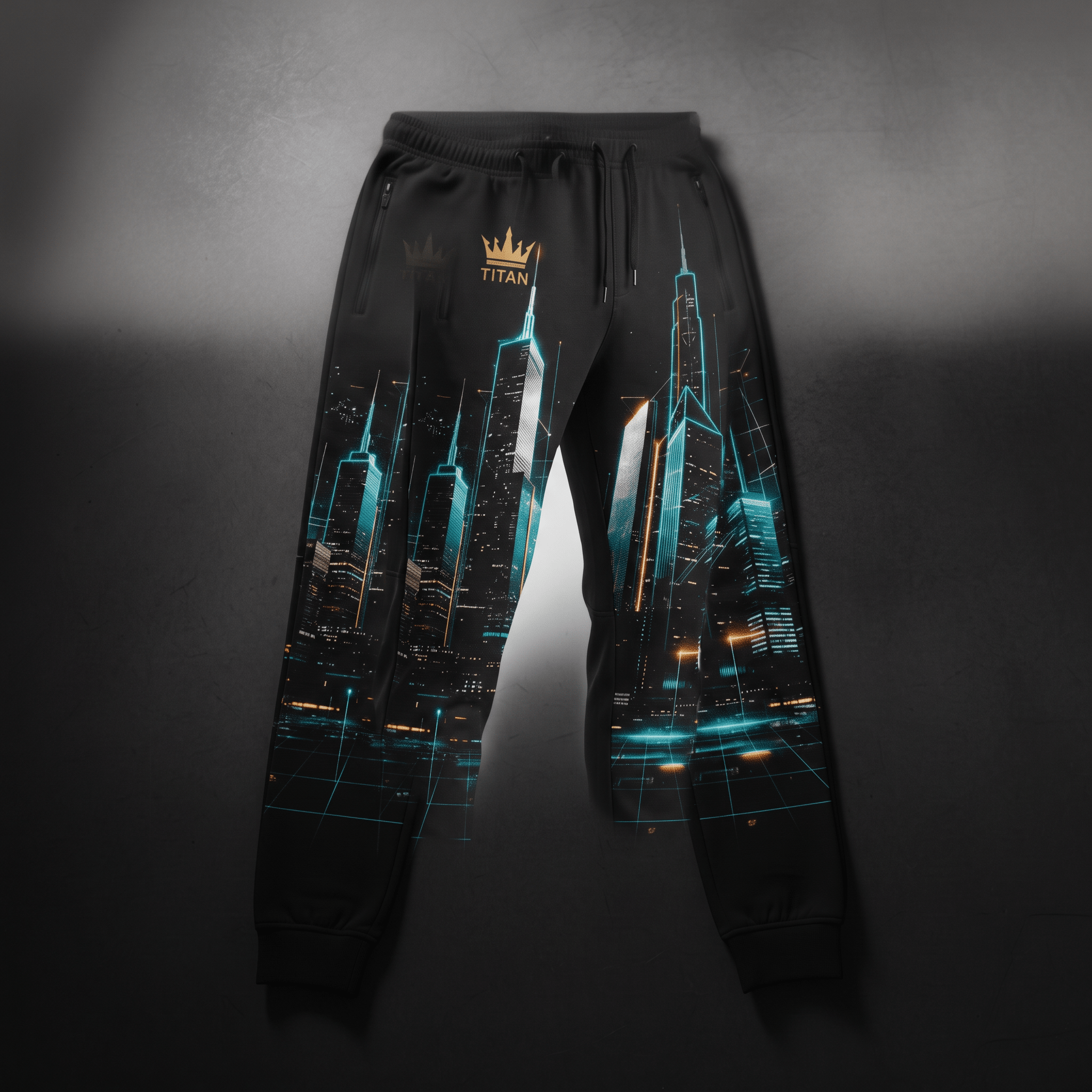 Black sweatpants with a neon blue cyberpunk city skyline print, gold crown logo, and drawstring waist.