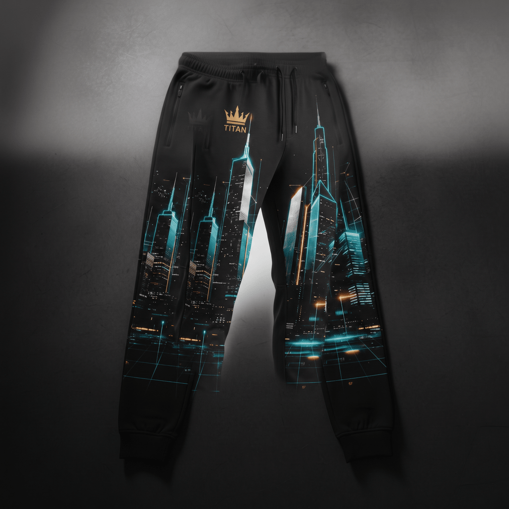Black sweatpants featuring a glowing blue cybernetic city skyline graphic and gold Titan crown logo.