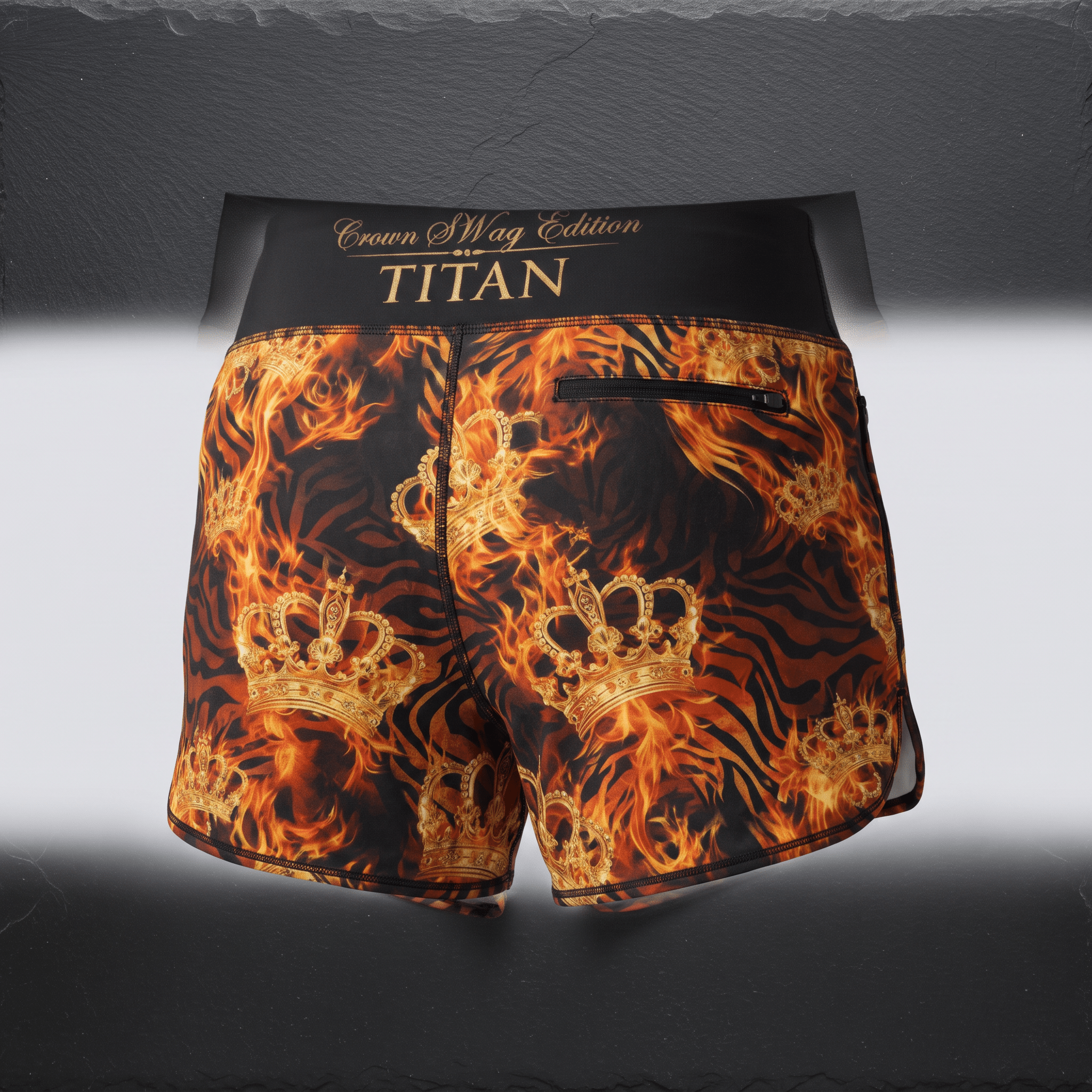 Back view of Titan Crown Swag Edition shorts with gold fire and crown print on black.
