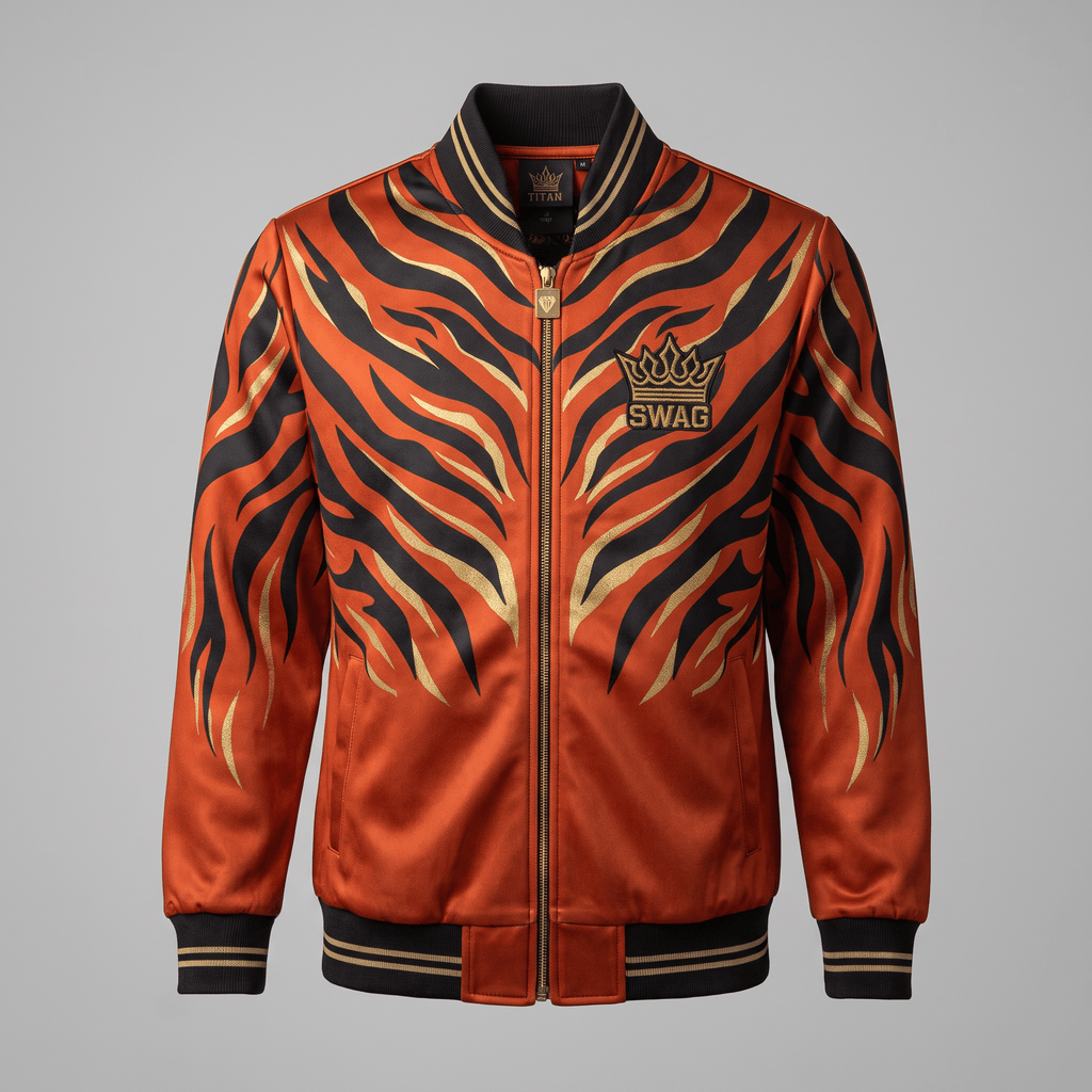 Orange and black bomber jacket with tiger stripe pattern, gold accents, and a SWAG crown logo on the chest.