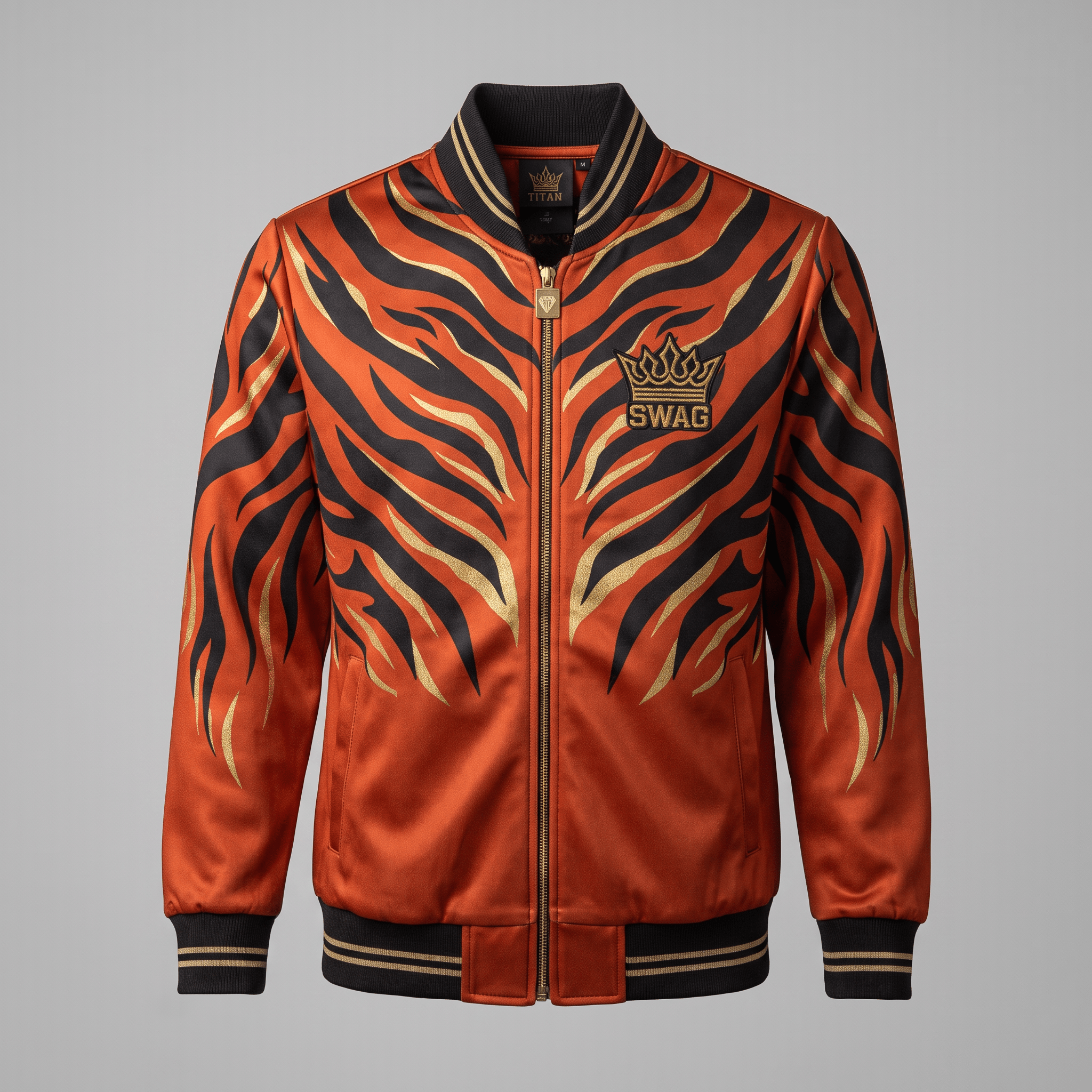 Orange and black bomber jacket with tiger stripe pattern, gold accents, and a SWAG crown logo on the chest.