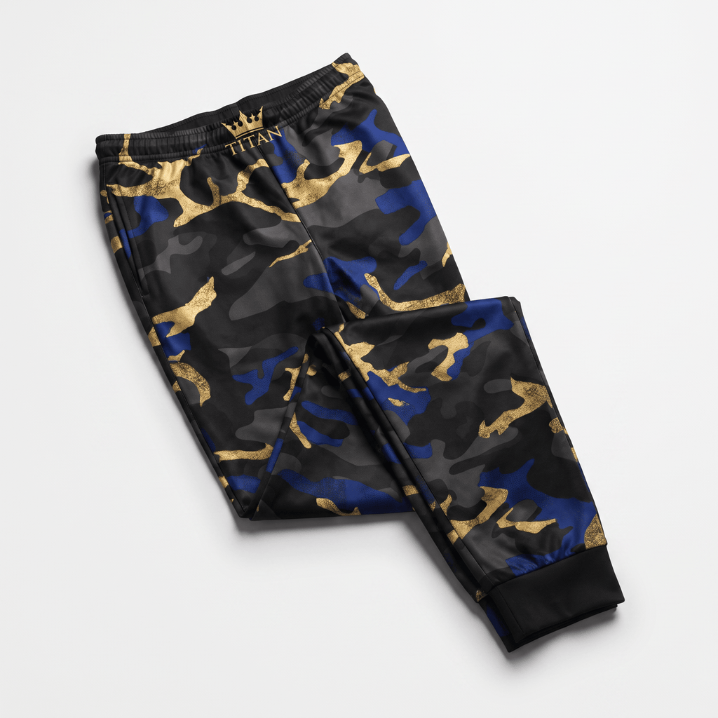 Black, blue, and gold camo joggers with Titan crown logo on waistband laid flat.