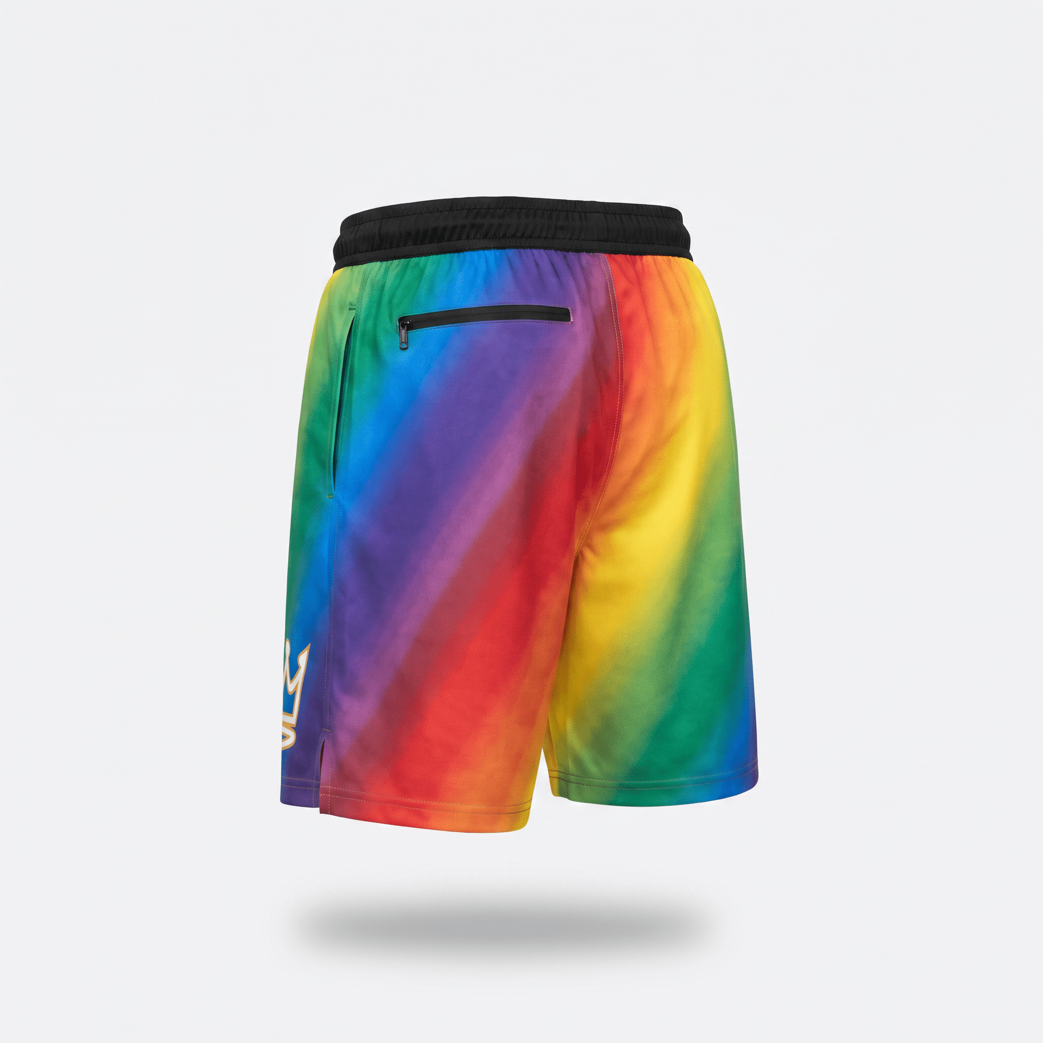 Back view of athletic shorts with a rainbow gradient pattern, black waistband, and zippered back pocket.