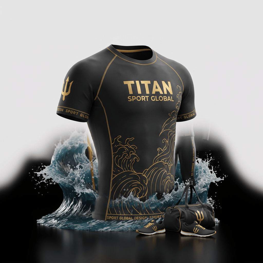 Black athletic rash guard with gold wave graphics, Titan Sport Global text, matching duffel bag, and shoes.